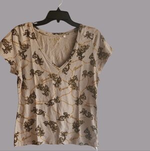 Guess V-Neck Short Sleeve Top Chain Print Logo